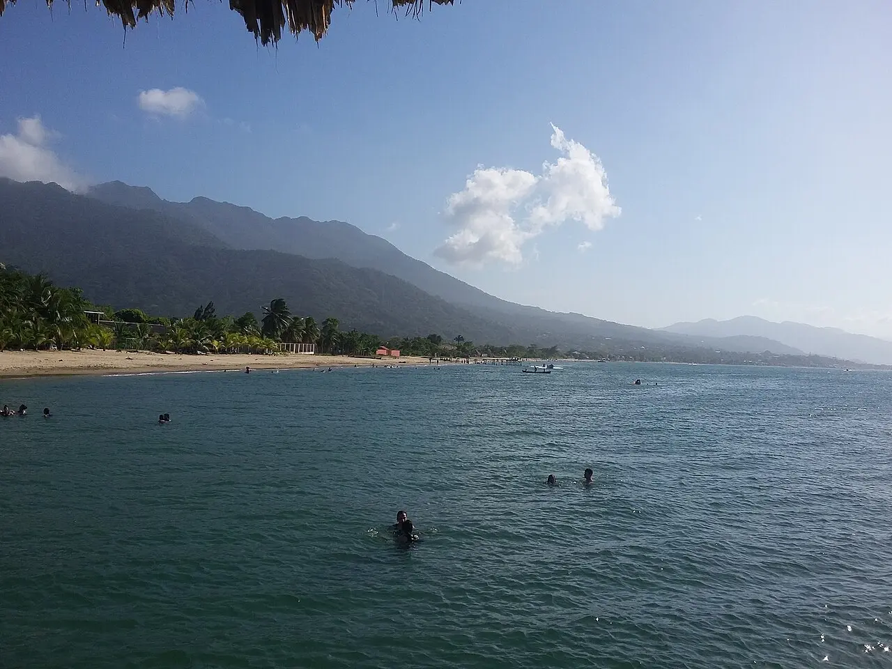 Playa de arena con palmeras y bañistas lejanos en el mar tranquilo, con montañas verdes al fondo y cielo azul